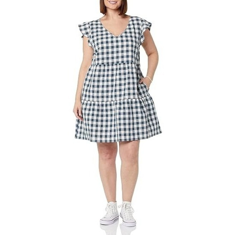 Goodthreads Gingham Tiered Dress Size L Blue‎ White Linen Cotton Ruffled Cottage